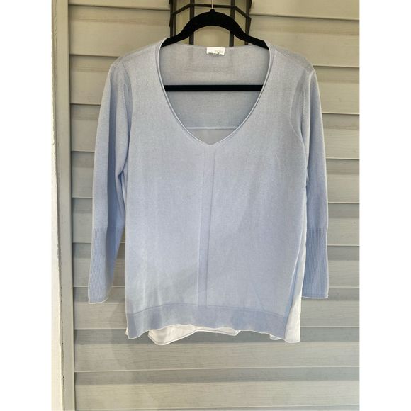 Ecru Baby Blue White Silk Cashmere Blend Sweater V-Neck Blouse Top, Size Medium - Picture 1 of 9